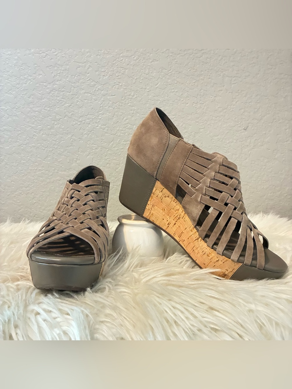 Chocolat Blu Taupe Woven Suede Cork Wedge Sandals